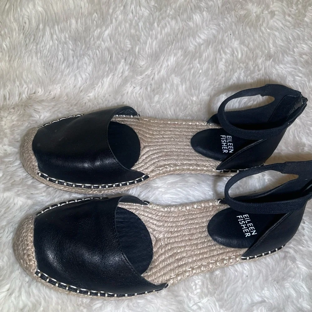 Eileen Fisher Black women’s Leather Espadrilles flat sandals size 8